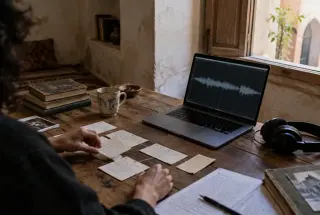Hands organizing podcast episode notes and transcription pages in a quiet medina workspace beside a laptop and headphones.