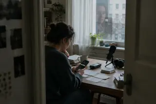 Podcast editor reviewing episode information across a phone, handwritten cards, and audio equipment in a softly lit apartment.